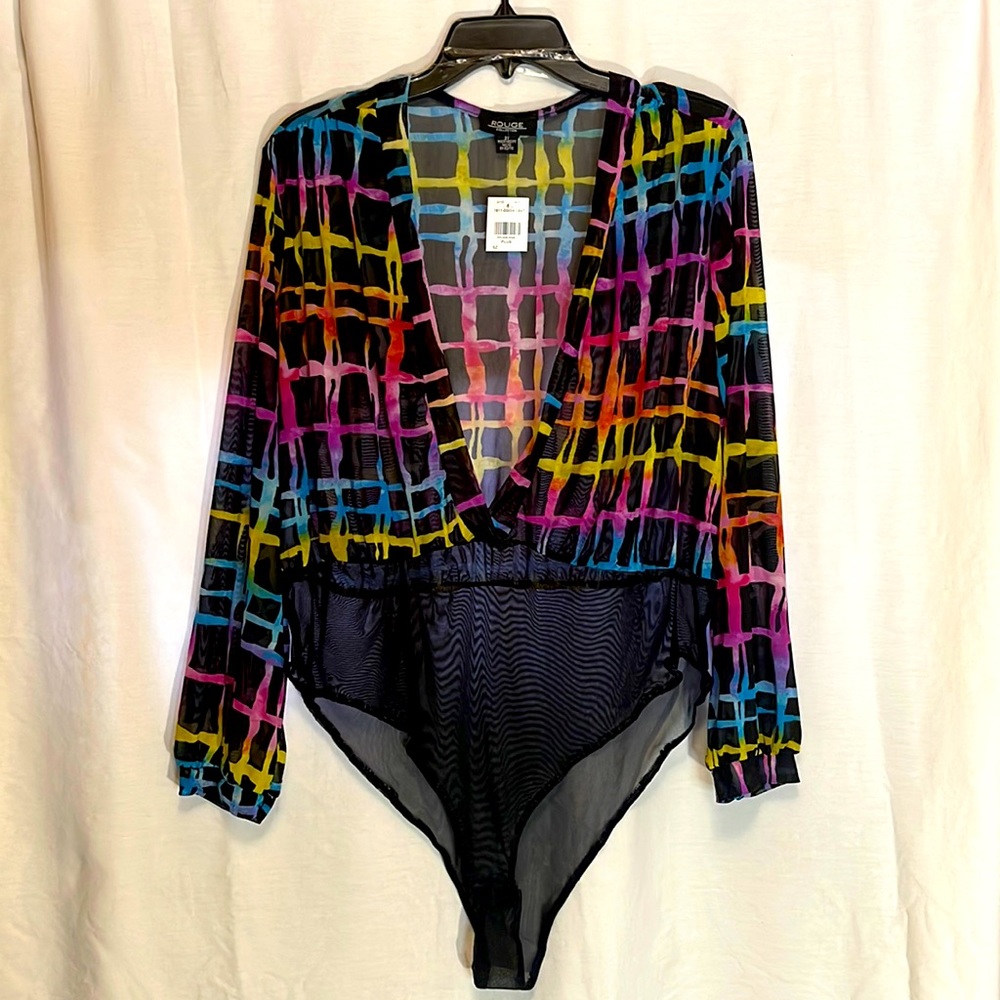Plus Size Foil Print Mesh Bodysuit - Multi Color💜❤️💛